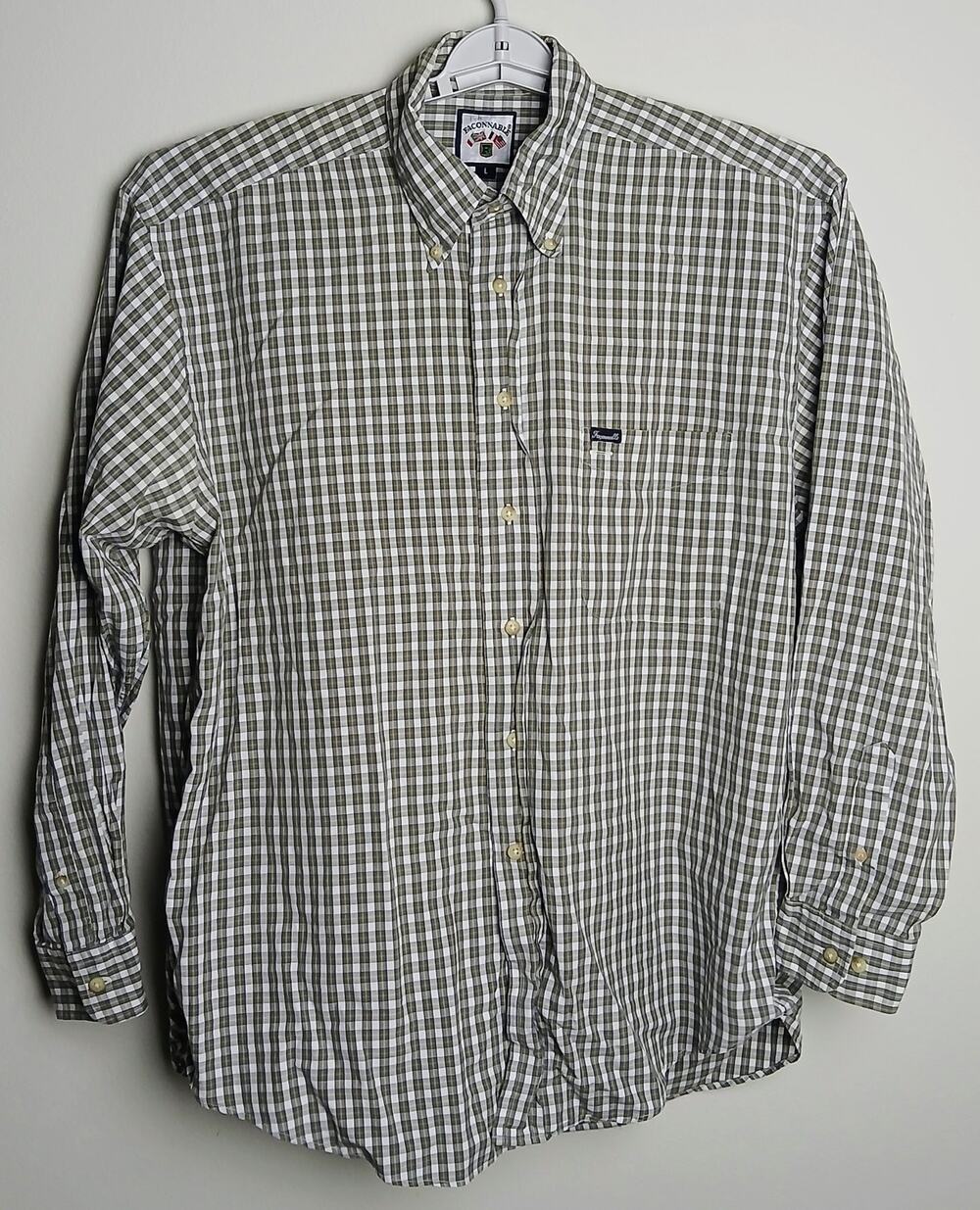 Vintage Faconnable Mens Large Button Down Shirt Plaid Tattersall Long Sleeve
